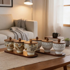 طقم أواني ضيافة سيراميك مع صينية خشبية