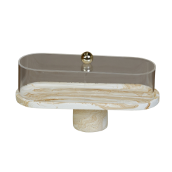 جاط كيك رخامي مستطيل بفتحة تقديم واسعة مع غطاء أكريليك فاخر (بيج ودهبي )