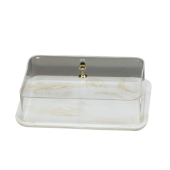 صحن كيك رخامي مستطيل مع غطاء أكريليك شفاف (بيج ودهبي )