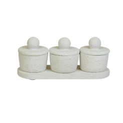 طقم علب تخزين حجرية دائرية (ترافرتين) مع صينية - 3 قطع